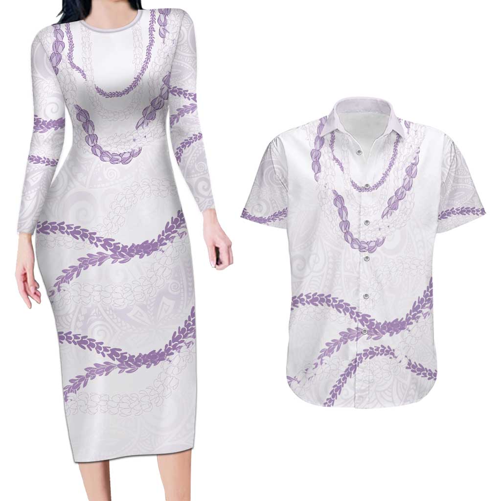 Aloha Lei Mikioi Couples Matching Long Sleeve Bodycon Dress and Hawaiian Shirt Purple Polynesian Tribal Tatau Pattern