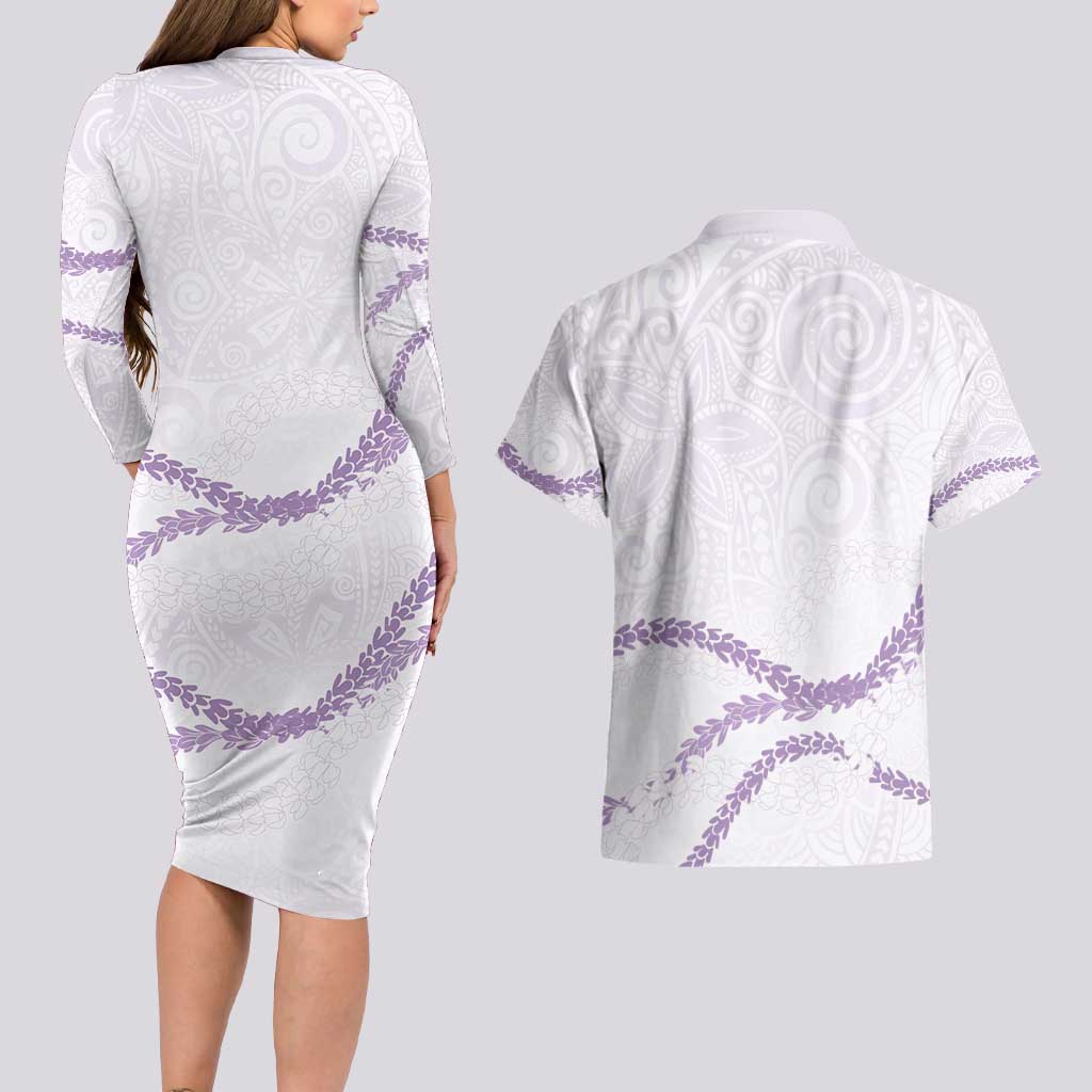 Aloha Lei Mikioi Couples Matching Long Sleeve Bodycon Dress and Hawaiian Shirt Purple Polynesian Tribal Tatau Pattern