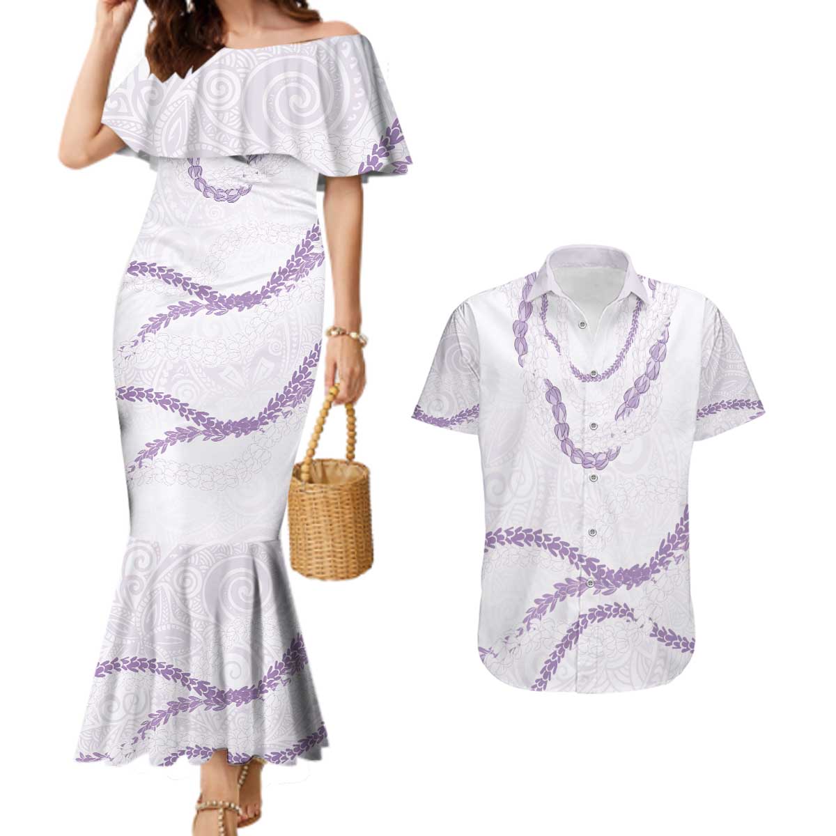 Aloha Lei Mikioi Couples Matching Mermaid Dress and Hawaiian Shirt Purple Polynesian Tribal Tatau Pattern