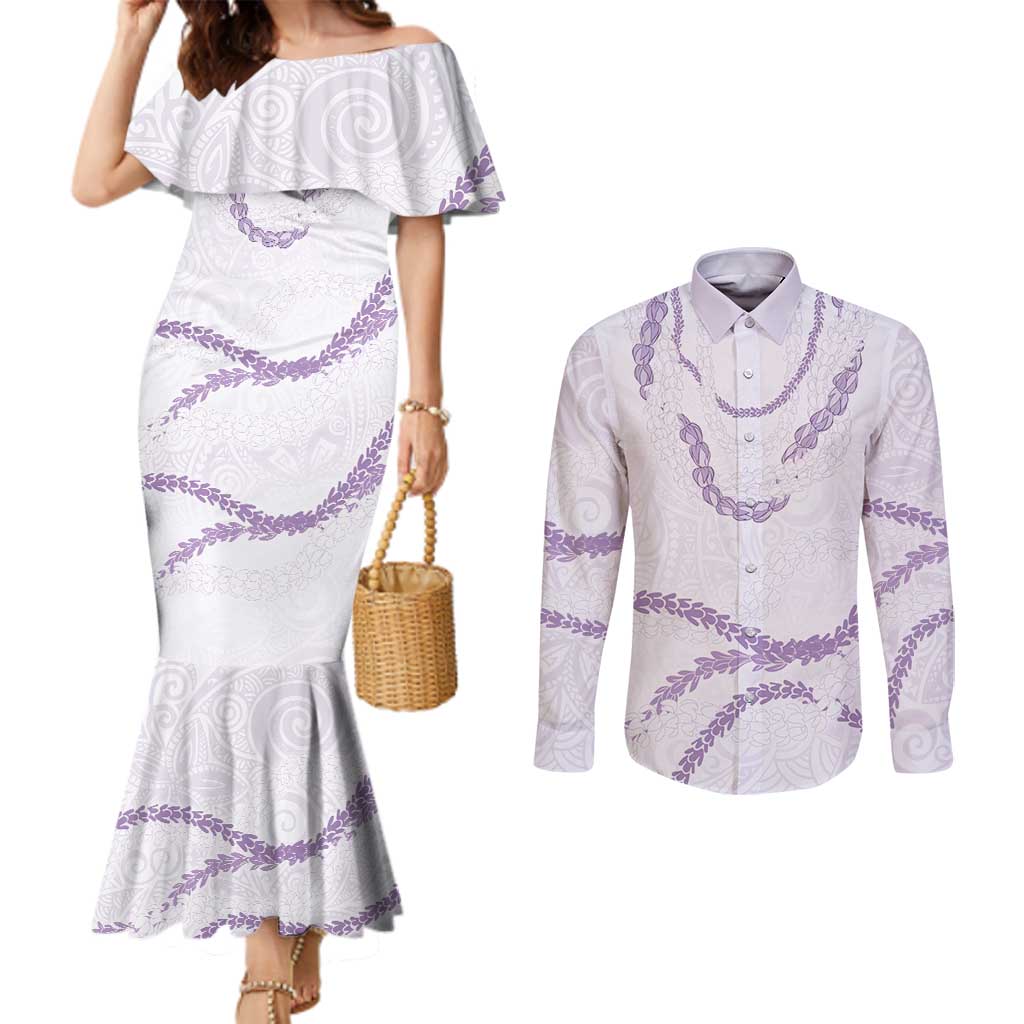 Aloha Lei Mikioi Couples Matching Mermaid Dress and Long Sleeve Button Shirt Purple Polynesian Tribal Tatau Pattern