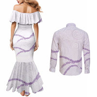 Aloha Lei Mikioi Couples Matching Mermaid Dress and Long Sleeve Button Shirt Purple Polynesian Tribal Tatau Pattern