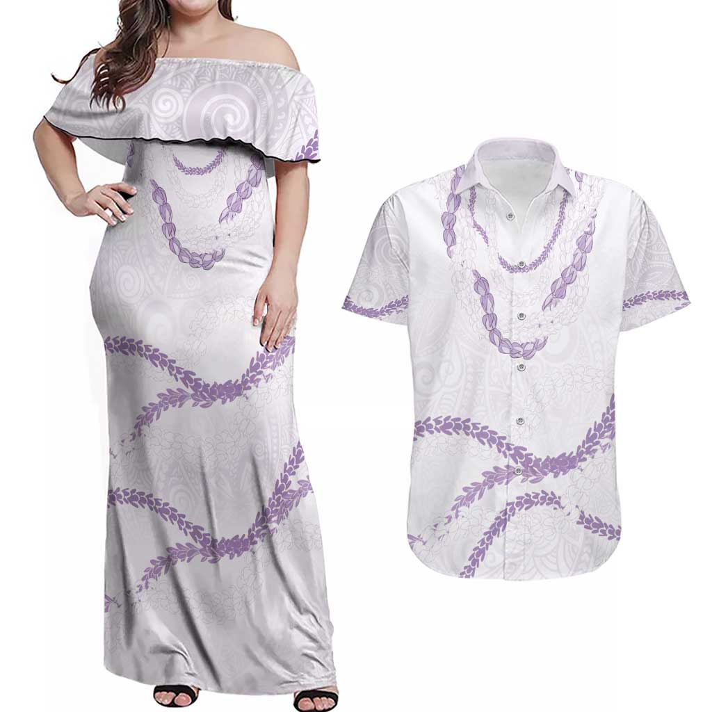 Aloha Lei Mikioi Couples Matching Off Shoulder Maxi Dress and Hawaiian Shirt Purple Polynesian Tribal Tatau Pattern