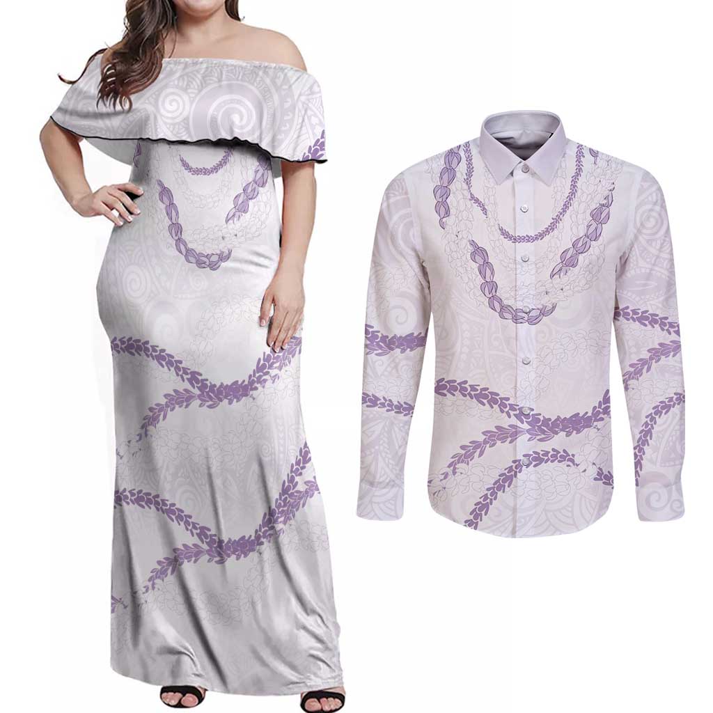 Aloha Lei Mikioi Couples Matching Off Shoulder Maxi Dress and Long Sleeve Button Shirt Purple Polynesian Tribal Tatau Pattern