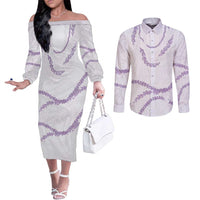 Aloha Lei Mikioi Couples Matching Off The Shoulder Long Sleeve Dress and Long Sleeve Button Shirt Purple Polynesian Tribal Tatau Pattern