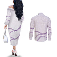 Aloha Lei Mikioi Couples Matching Off The Shoulder Long Sleeve Dress and Long Sleeve Button Shirt Purple Polynesian Tribal Tatau Pattern