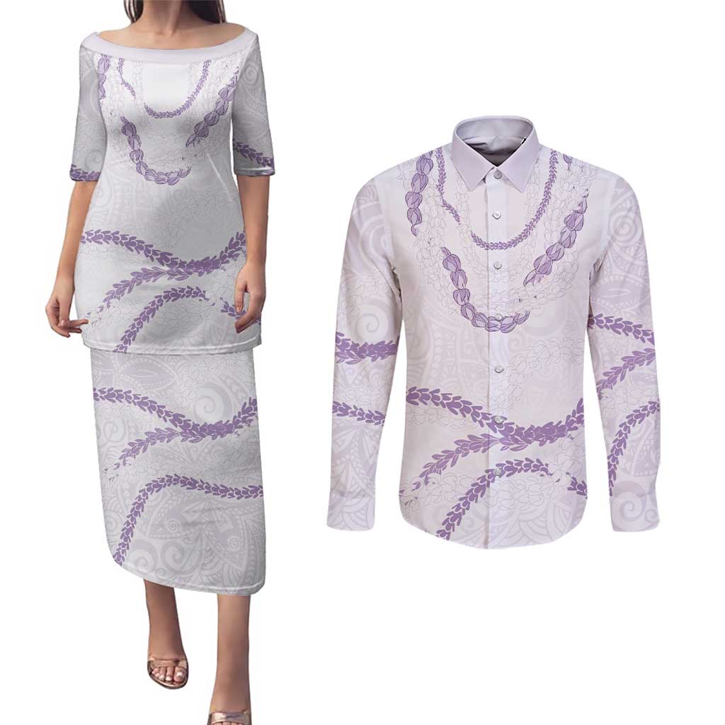 Aloha Lei Mikioi Couples Matching Puletasi and Long Sleeve Button Shirt Purple Polynesian Tribal Tatau Pattern