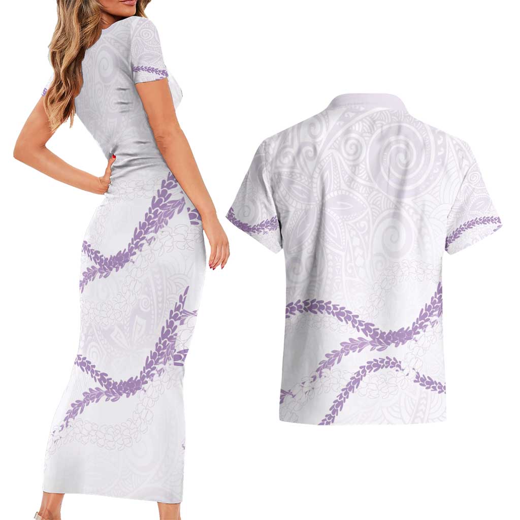 Aloha Lei Mikioi Couples Matching Short Sleeve Bodycon Dress and Hawaiian Shirt Purple Polynesian Tribal Tatau Pattern