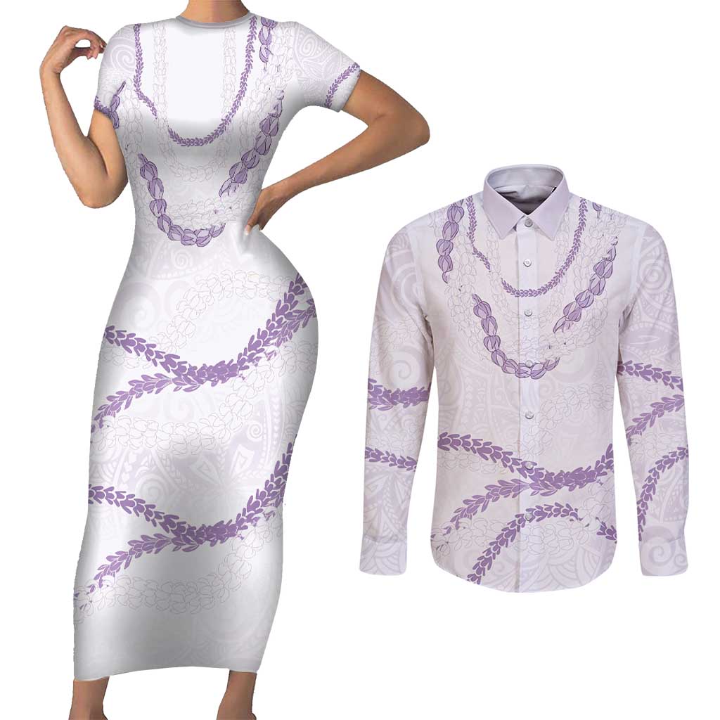Aloha Lei Mikioi Couples Matching Short Sleeve Bodycon Dress and Long Sleeve Button Shirt Purple Polynesian Tribal Tatau Pattern