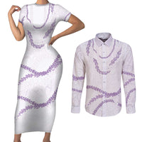 Aloha Lei Mikioi Couples Matching Short Sleeve Bodycon Dress and Long Sleeve Button Shirt Purple Polynesian Tribal Tatau Pattern