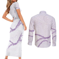 Aloha Lei Mikioi Couples Matching Short Sleeve Bodycon Dress and Long Sleeve Button Shirt Purple Polynesian Tribal Tatau Pattern