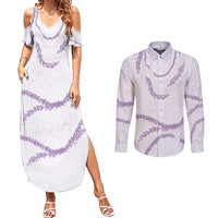 Aloha Lei Mikioi Couples Matching Summer Maxi Dress and Long Sleeve Button Shirt Purple Polynesian Tribal Tatau Pattern