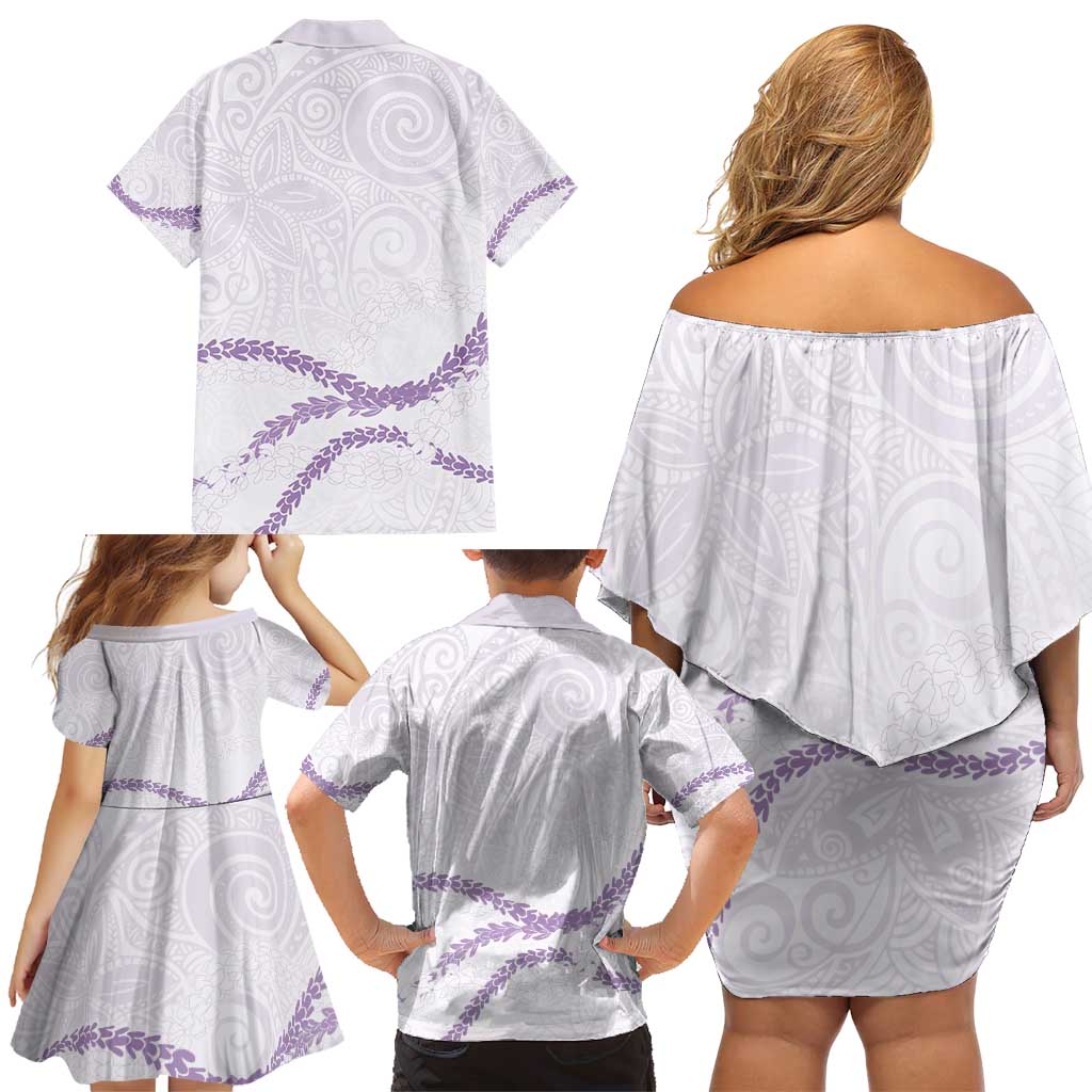 Aloha Lei Mikioi Family Matching Off Shoulder Short Dress and Hawaiian Shirt Purple Polynesian Tribal Tatau Pattern