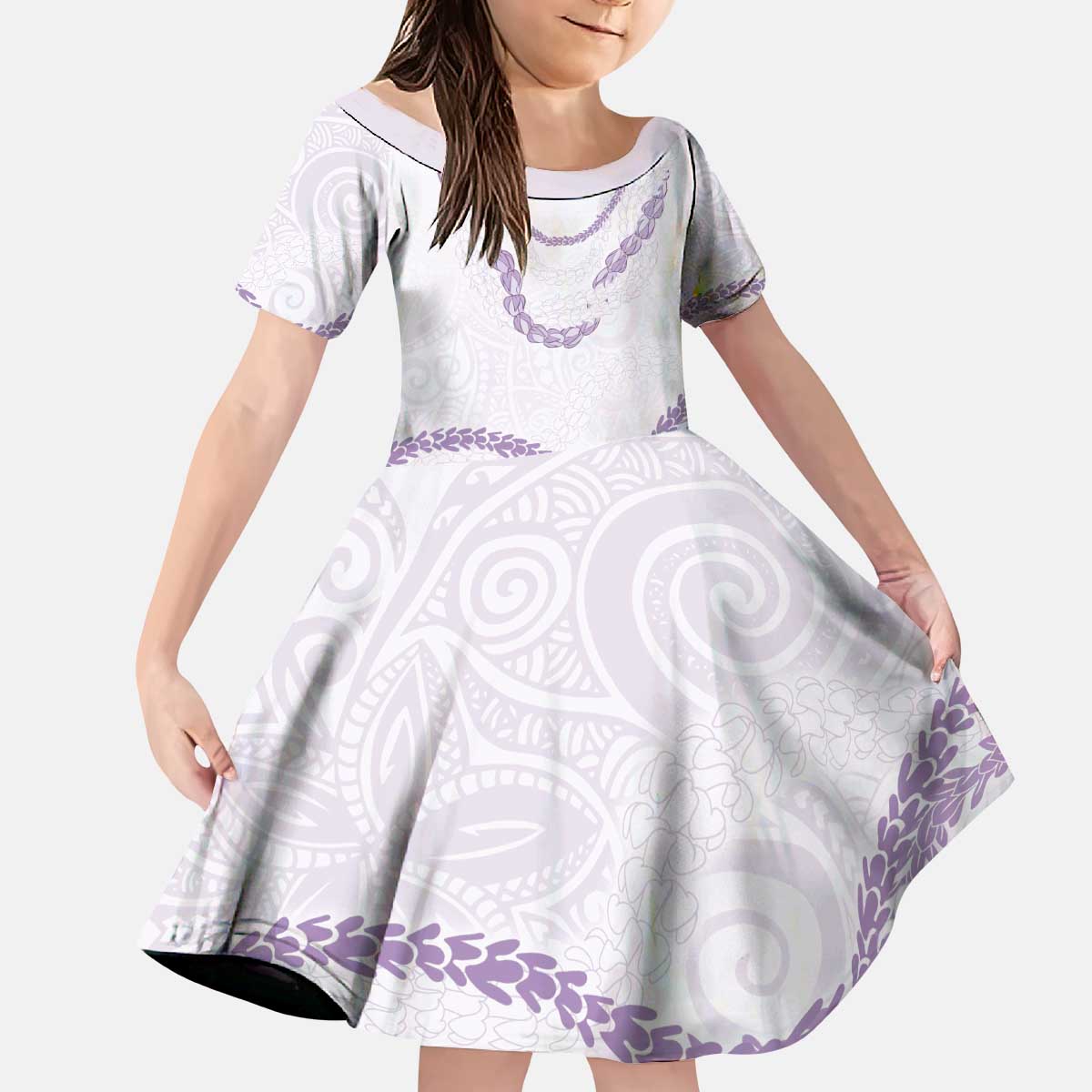 Aloha Lei Mikioi Kid Short Sleeve Dress Purple Polynesian Tribal Tatau Pattern