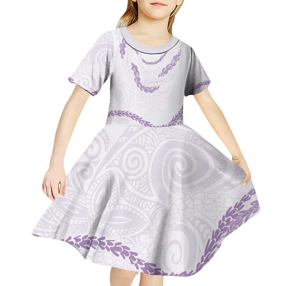Aloha Lei Mikioi Kid Short Sleeve Dress Purple Polynesian Tribal Tatau Pattern