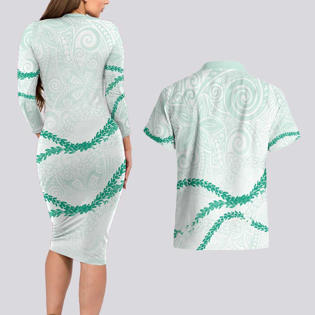 Aloha Lei Mikioi Couples Matching Long Sleeve Bodycon Dress and Hawaiian Shirt Sage Green Polynesian Tribal Tatau Pattern