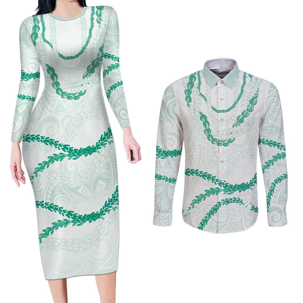 Aloha Lei Mikioi Couples Matching Long Sleeve Bodycon Dress and Long Sleeve Button Shirt Sage Green Polynesian Tribal Tatau Pattern