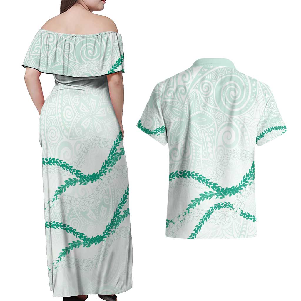 Aloha Lei Mikioi Couples Matching Off Shoulder Maxi Dress and Hawaiian Shirt Sage Green Polynesian Tribal Tatau Pattern