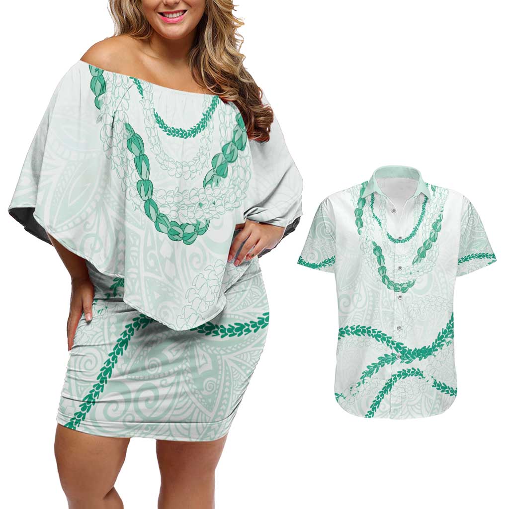 Aloha Lei Mikioi Couples Matching Off Shoulder Short Dress and Hawaiian Shirt Sage Green Polynesian Tribal Tatau Pattern