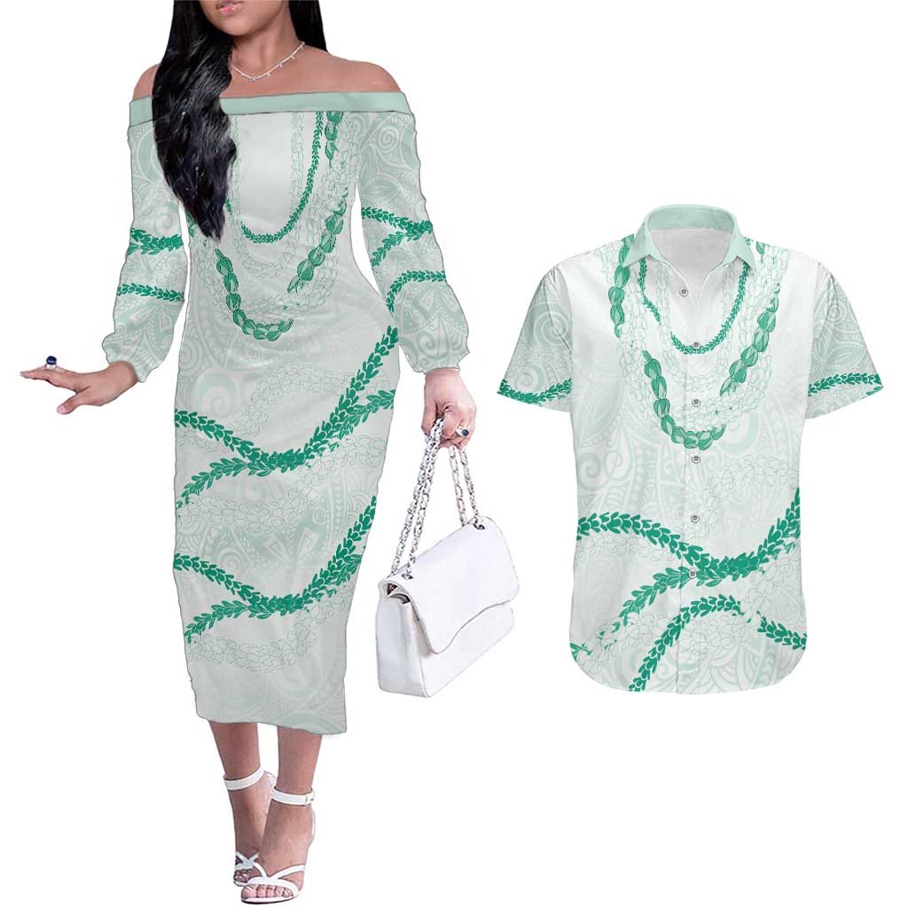 Aloha Lei Mikioi Couples Matching Off The Shoulder Long Sleeve Dress and Hawaiian Shirt Sage Green Polynesian Tribal Tatau Pattern