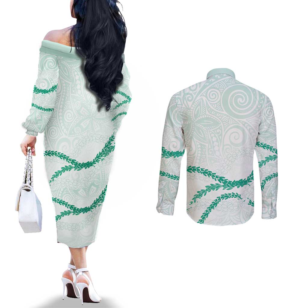 Aloha Lei Mikioi Couples Matching Off The Shoulder Long Sleeve Dress and Long Sleeve Button Shirt Sage Green Polynesian Tribal Tatau Pattern