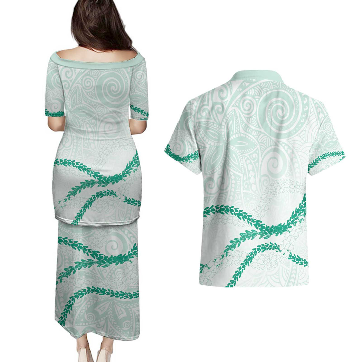 Aloha Lei Mikioi Couples Matching Puletasi and Hawaiian Shirt Sage Green Polynesian Tribal Tatau Pattern