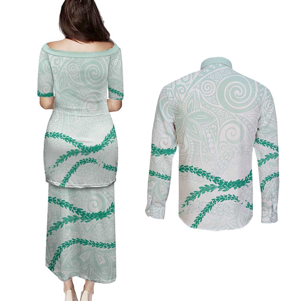 Aloha Lei Mikioi Couples Matching Puletasi and Long Sleeve Button Shirt Sage Green Polynesian Tribal Tatau Pattern
