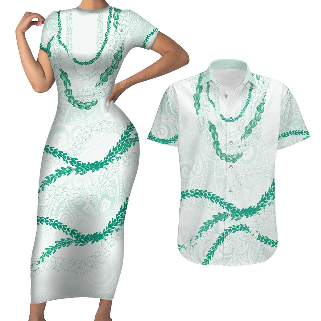 Aloha Lei Mikioi Couples Matching Short Sleeve Bodycon Dress and Hawaiian Shirt Sage Green Polynesian Tribal Tatau Pattern
