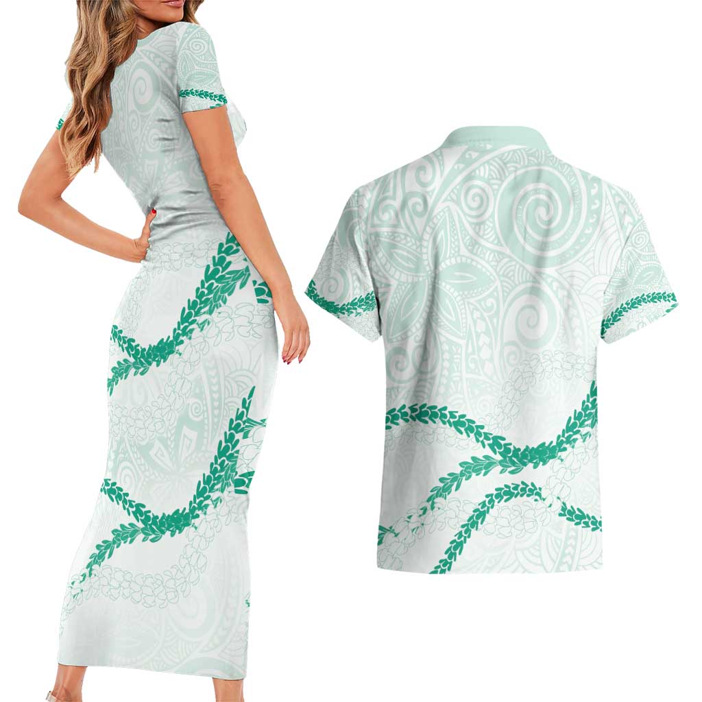 Aloha Lei Mikioi Couples Matching Short Sleeve Bodycon Dress and Hawaiian Shirt Sage Green Polynesian Tribal Tatau Pattern