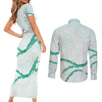 Aloha Lei Mikioi Couples Matching Short Sleeve Bodycon Dress and Long Sleeve Button Shirt Sage Green Polynesian Tribal Tatau Pattern