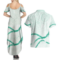 Aloha Lei Mikioi Couples Matching Summer Maxi Dress and Hawaiian Shirt Sage Green Polynesian Tribal Tatau Pattern