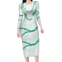 Aloha Lei Mikioi Family Matching Long Sleeve Bodycon Dress and Hawaiian Shirt Sage Green Polynesian Tribal Tatau Pattern