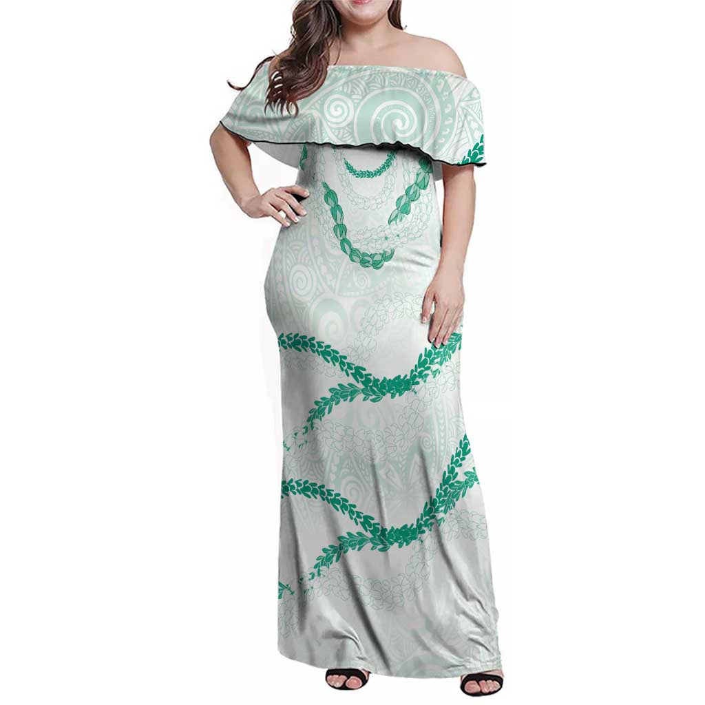 Aloha Lei Mikioi Family Matching Off Shoulder Maxi Dress and Hawaiian Shirt Sage Green Polynesian Tribal Tatau Pattern