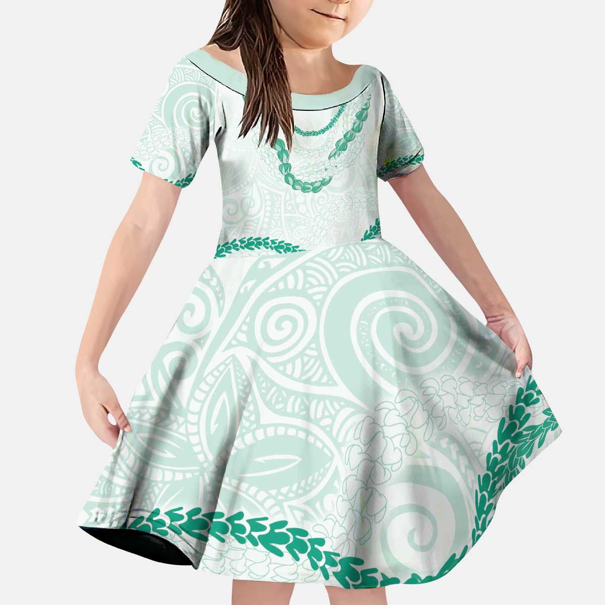 Aloha Lei Mikioi Kid Short Sleeve Dress Sage Green Polynesian Tribal Tatau Pattern