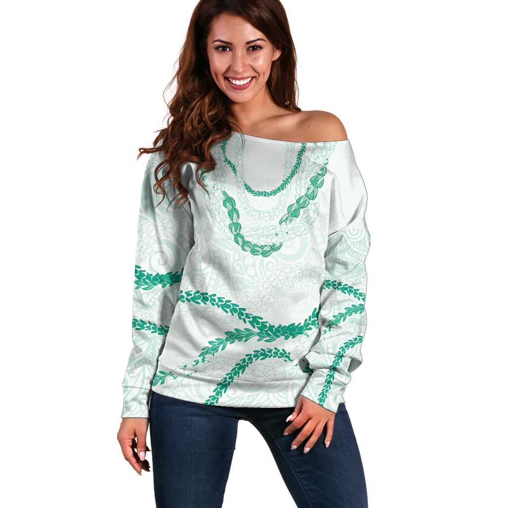 Aloha Lei Mikioi Off Shoulder Sweater Sage Green Polynesian Tribal Tatau Pattern