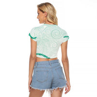 Aloha Lei Mikioi Raglan Cropped T Shirt Sage Green Polynesian Tribal Tatau Pattern