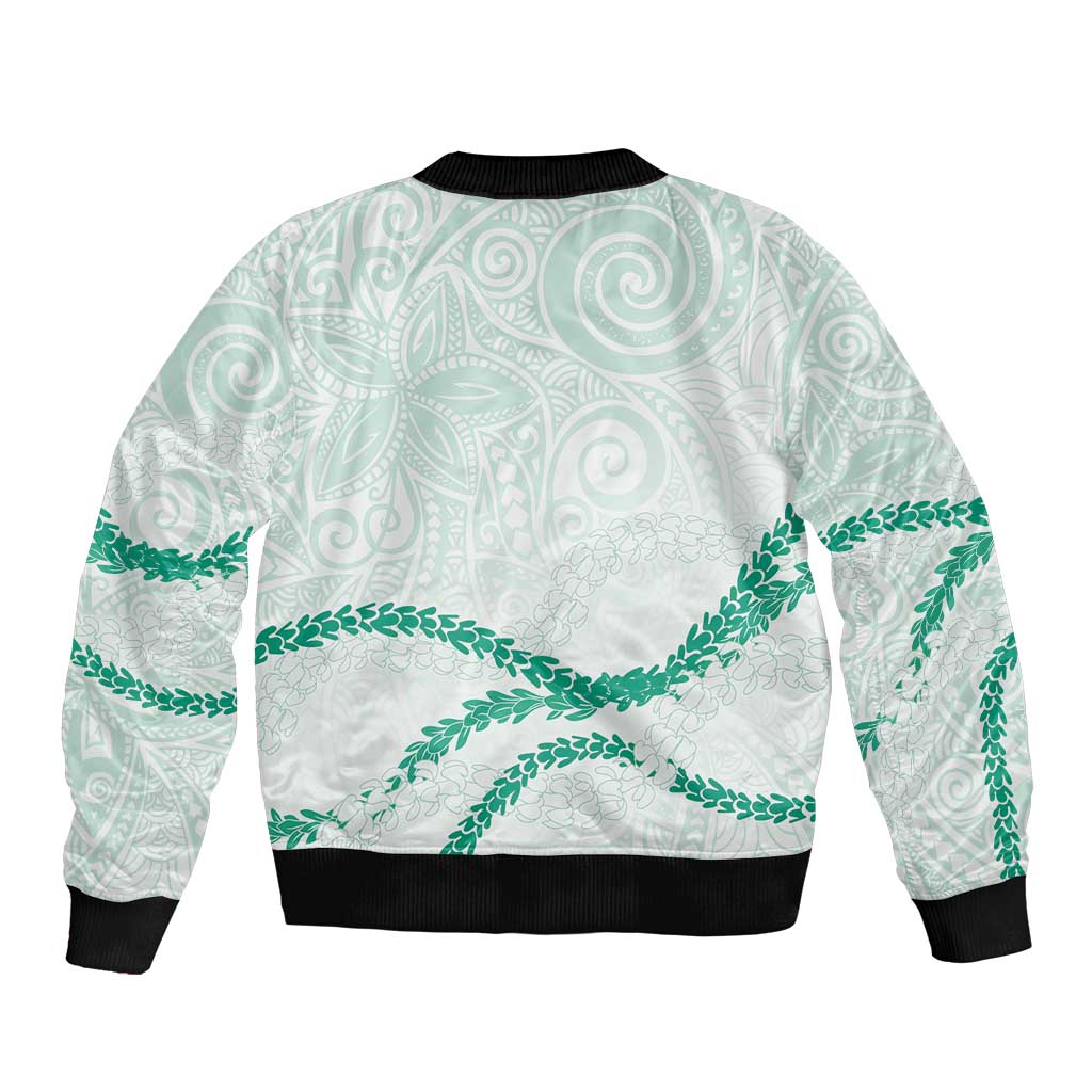 Aloha Lei Mikioi Sleeve Zip Bomber Jacket Sage Green Polynesian Tribal Tatau Pattern