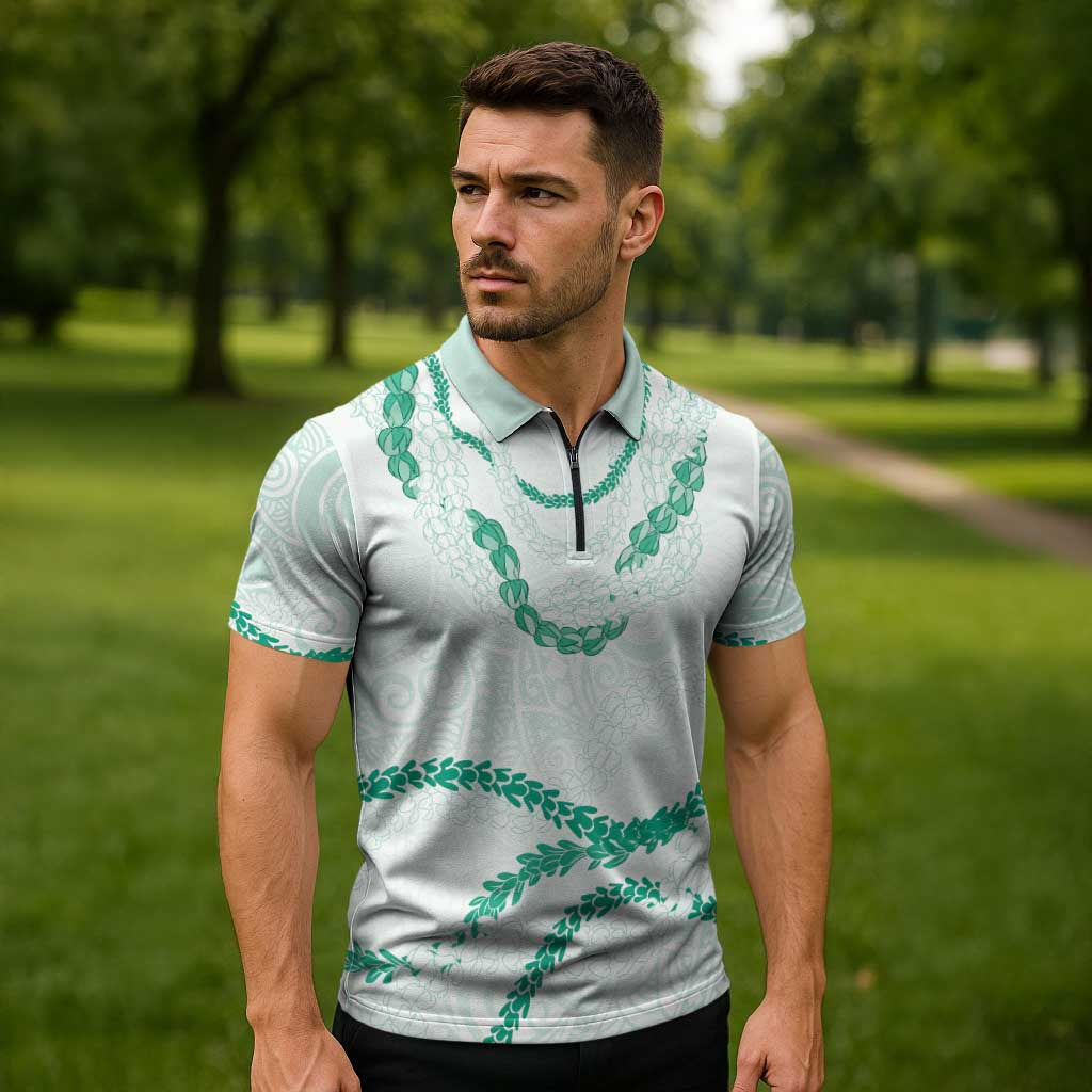 Aloha Lei Mikioi Zipper Polo Shirt Sage Green Polynesian Tribal Tatau Pattern - Polynesian Pride