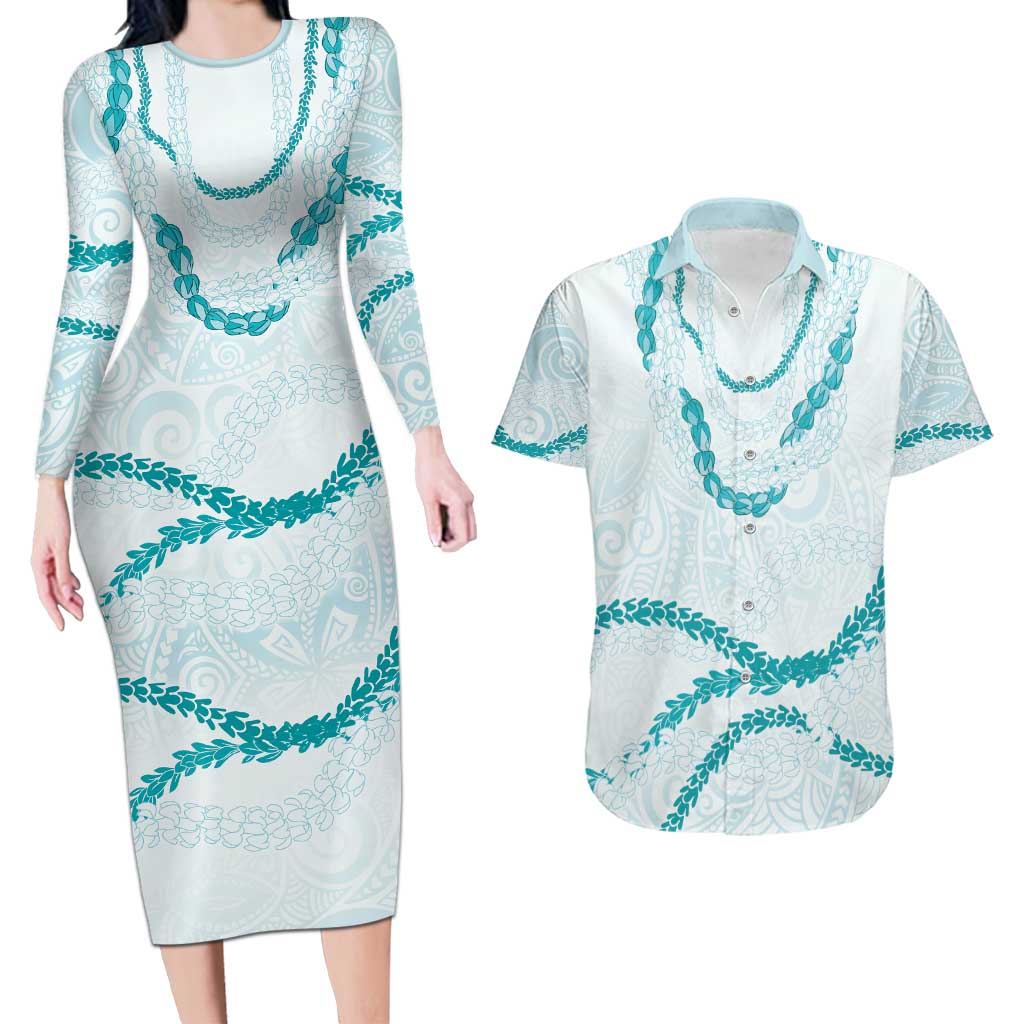 Aloha Lei Mikioi Couples Matching Long Sleeve Bodycon Dress and Hawaiian Shirt Teal Polynesian Tribal Tatau Pattern