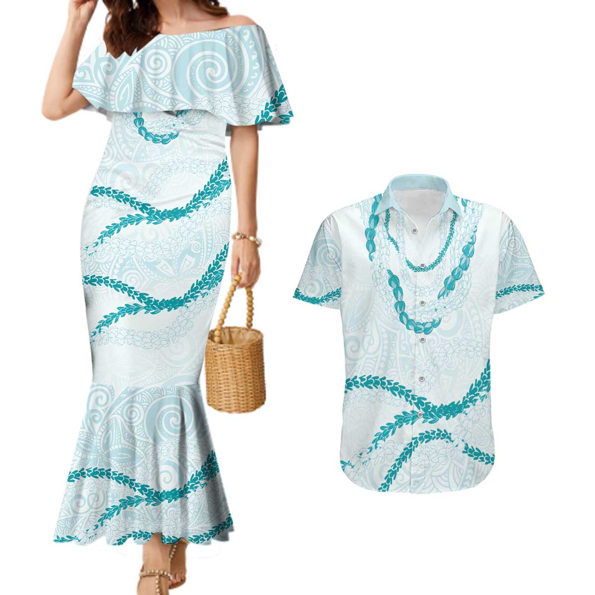 Aloha Lei Mikioi Couples Matching Mermaid Dress and Hawaiian Shirt Teal Polynesian Tribal Tatau Pattern