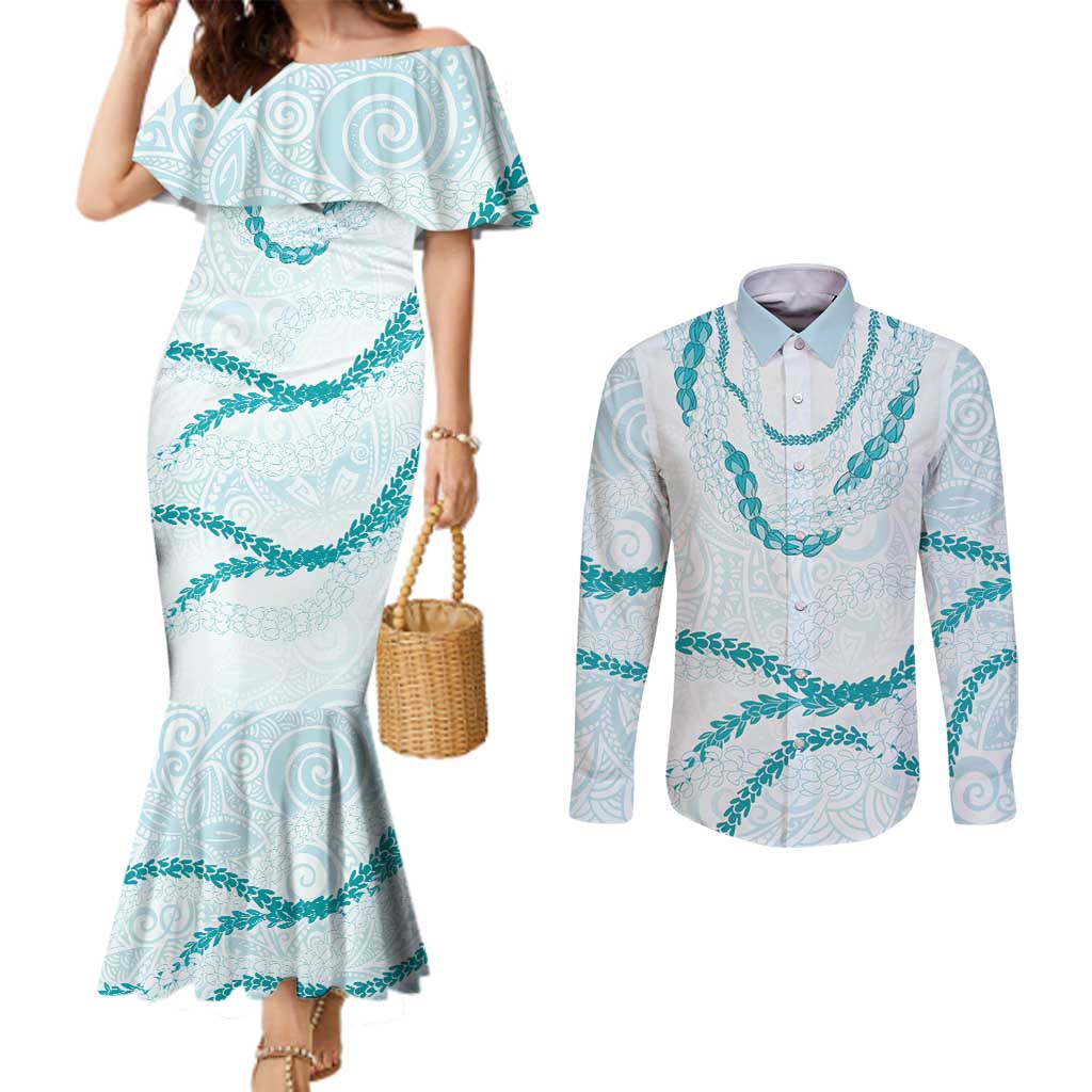 Aloha Lei Mikioi Couples Matching Mermaid Dress and Long Sleeve Button Shirt Teal Polynesian Tribal Tatau Pattern