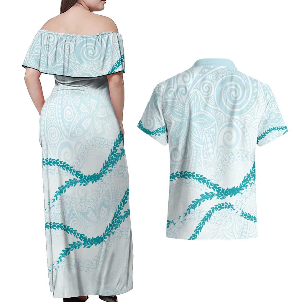 Aloha Lei Mikioi Couples Matching Off Shoulder Maxi Dress and Hawaiian Shirt Teal Polynesian Tribal Tatau Pattern