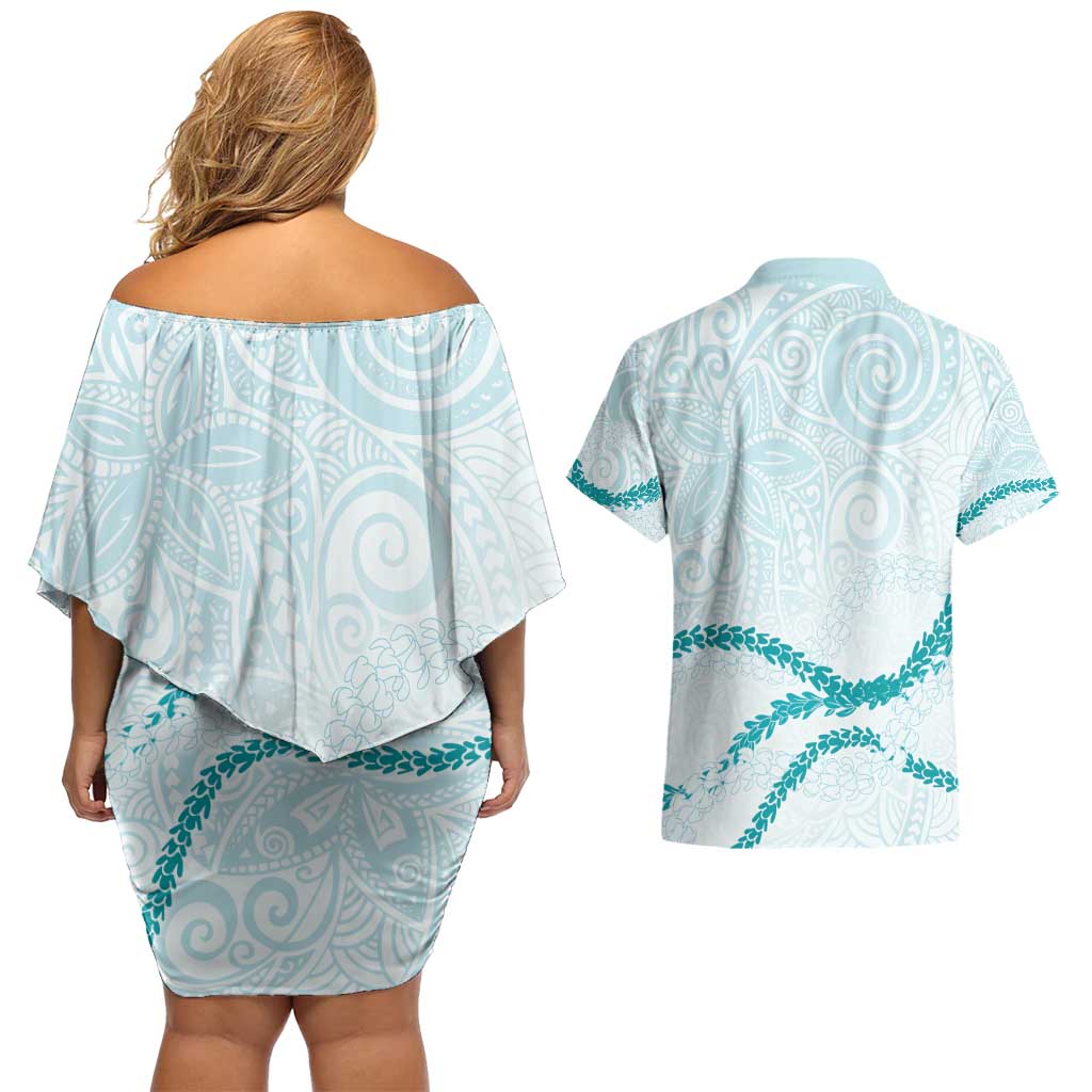 Aloha Lei Mikioi Couples Matching Off Shoulder Short Dress and Hawaiian Shirt Teal Polynesian Tribal Tatau Pattern