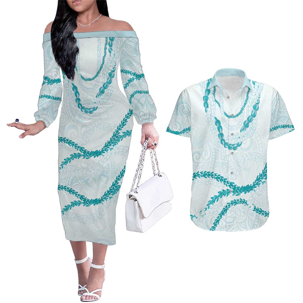 Aloha Lei Mikioi Couples Matching Off The Shoulder Long Sleeve Dress and Hawaiian Shirt Teal Polynesian Tribal Tatau Pattern