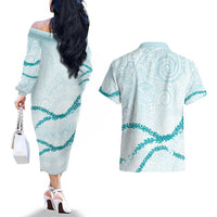 Aloha Lei Mikioi Couples Matching Off The Shoulder Long Sleeve Dress and Hawaiian Shirt Teal Polynesian Tribal Tatau Pattern