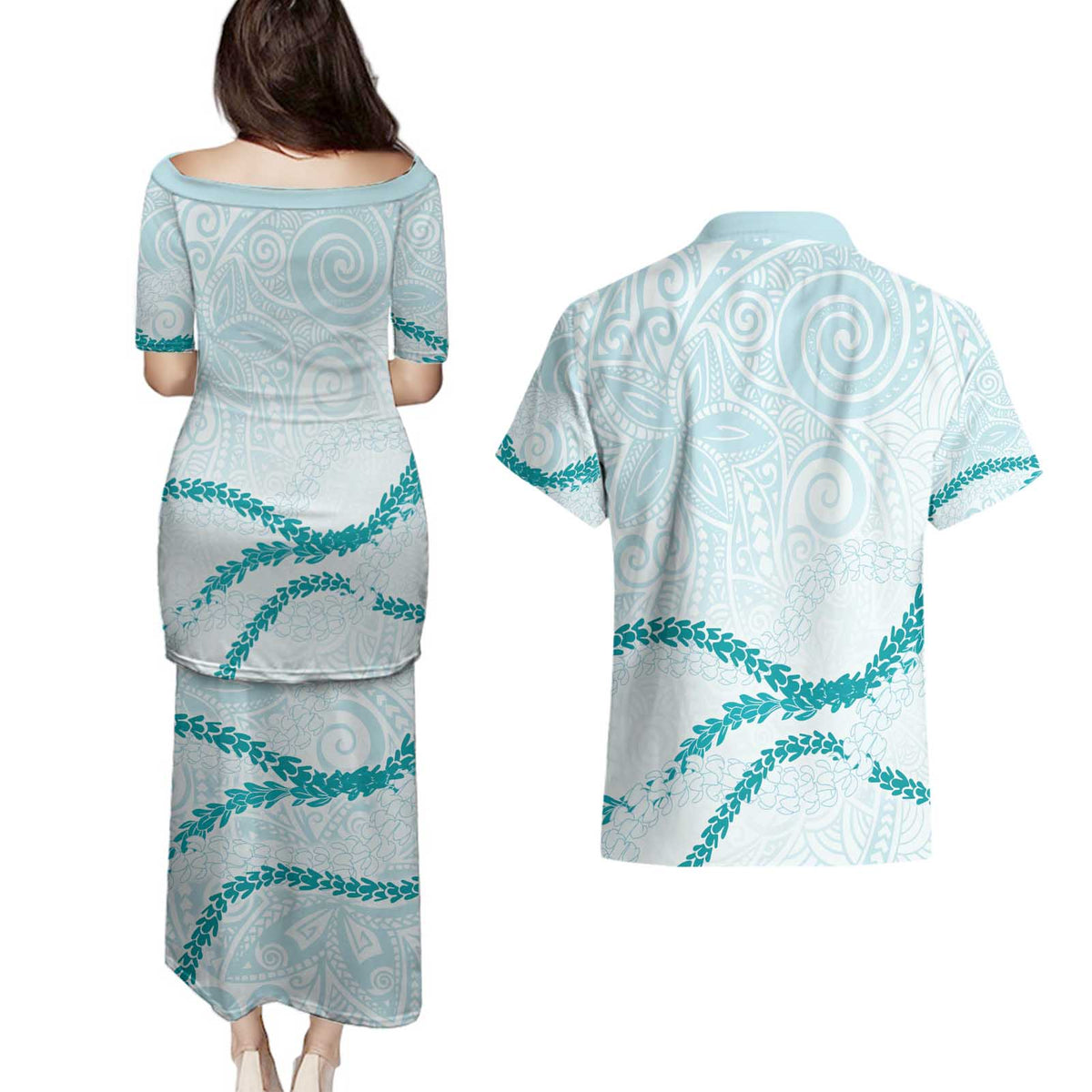 Aloha Lei Mikioi Couples Matching Puletasi and Hawaiian Shirt Teal Polynesian Tribal Tatau Pattern