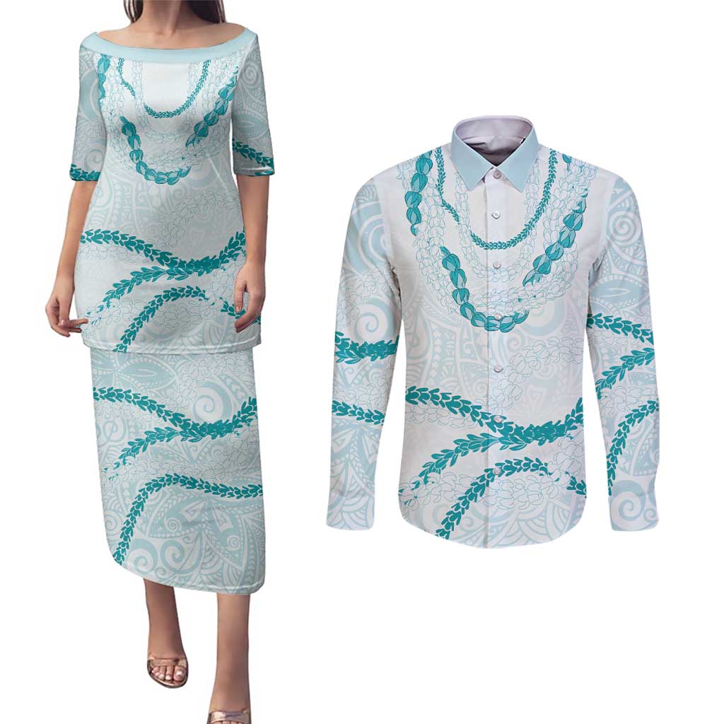 Aloha Lei Mikioi Couples Matching Puletasi and Long Sleeve Button Shirt Teal Polynesian Tribal Tatau Pattern
