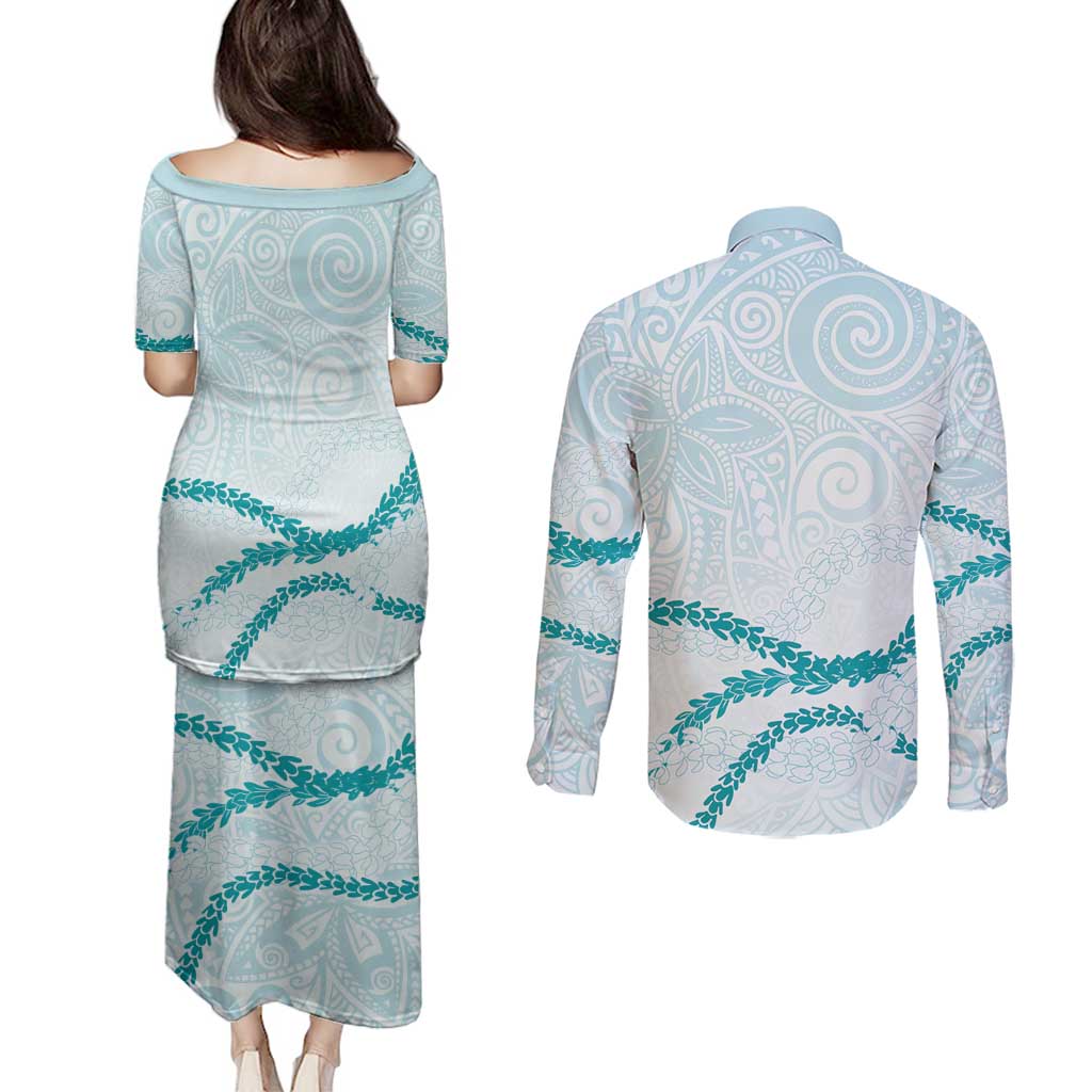 Aloha Lei Mikioi Couples Matching Puletasi and Long Sleeve Button Shirt Teal Polynesian Tribal Tatau Pattern