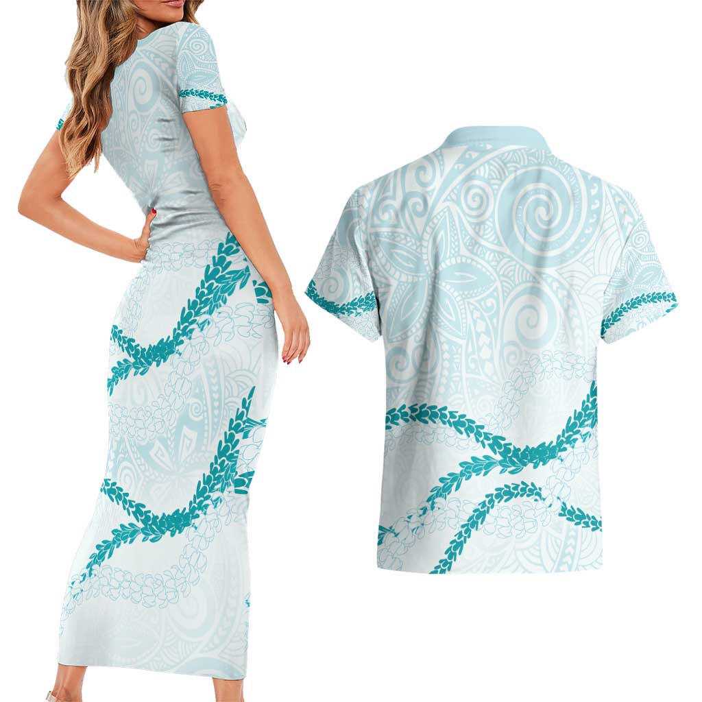 Aloha Lei Mikioi Couples Matching Short Sleeve Bodycon Dress and Hawaiian Shirt Teal Polynesian Tribal Tatau Pattern