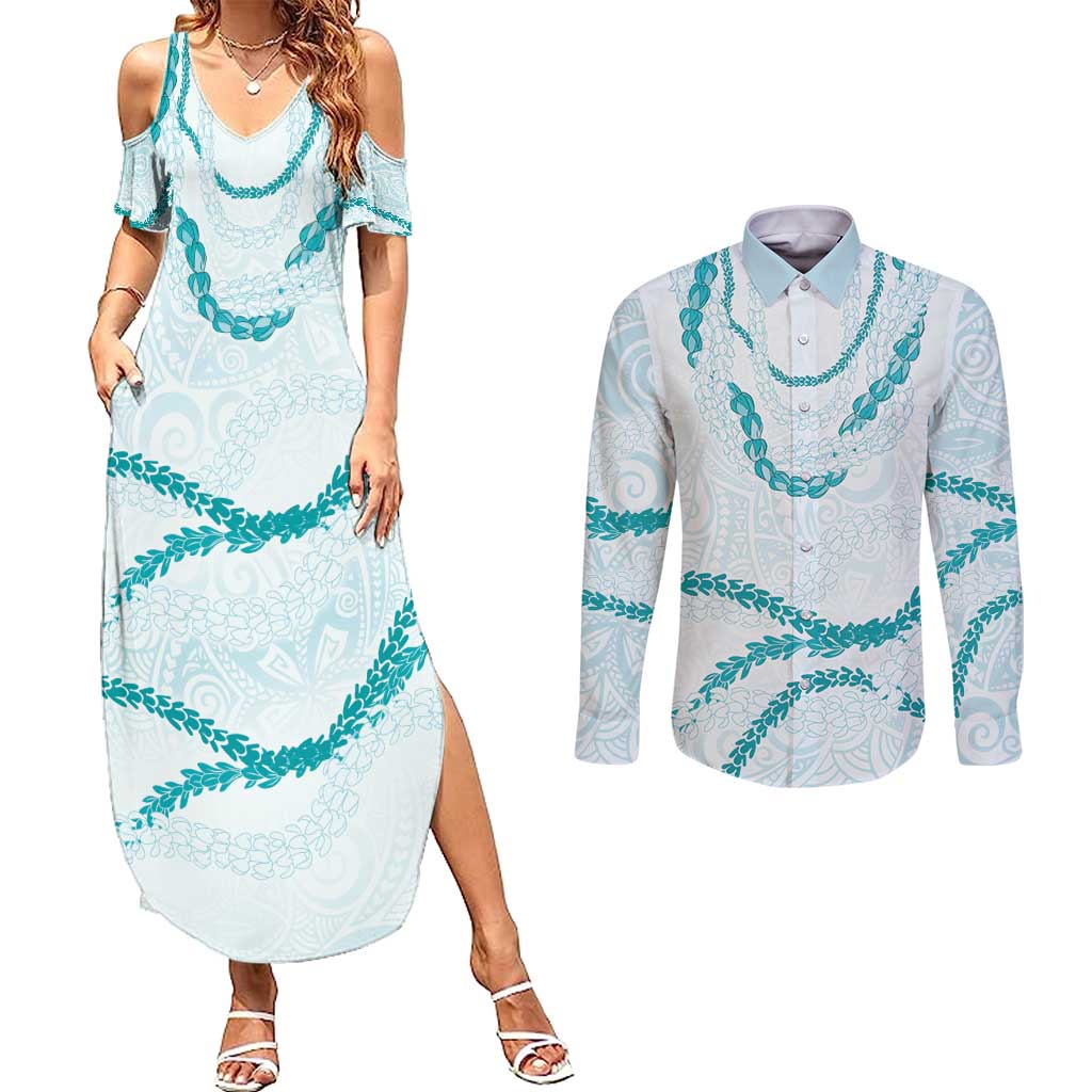 Aloha Lei Mikioi Couples Matching Summer Maxi Dress and Long Sleeve Button Shirt Teal Polynesian Tribal Tatau Pattern