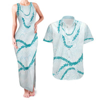 Aloha Lei Mikioi Couples Matching Tank Maxi Dress and Hawaiian Shirt Teal Polynesian Tribal Tatau Pattern